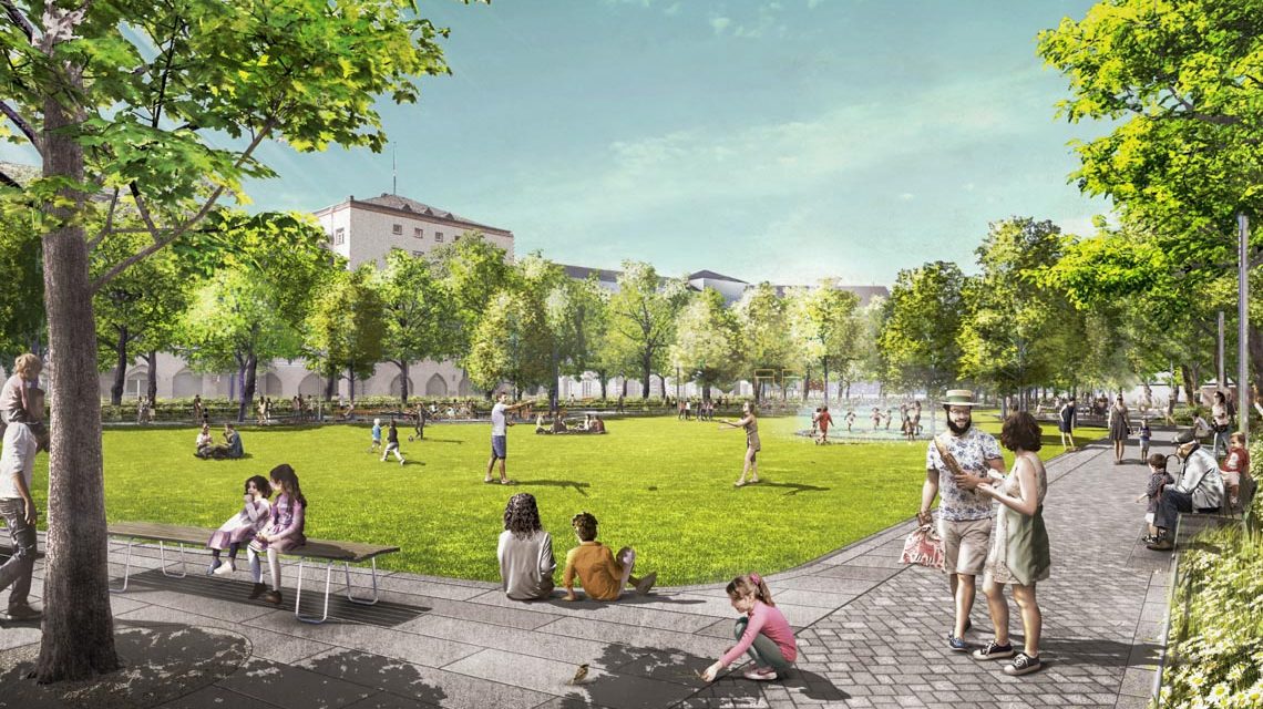 Grüne Rasenfläche, eingerahmt von Bäumen, so könnte der Elsässer Platz einmal aussehen.