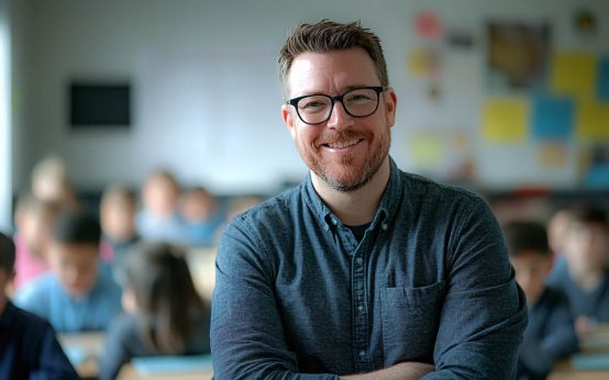 Lehrer steht vor seiner Klasse. Lehrkräftegewinnung 2.0.