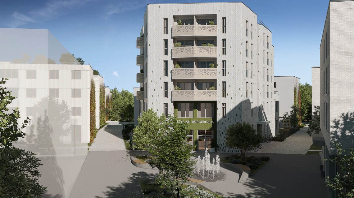 Quartier am Bürgerhaus mit Blick in zwei Häuserschluchten und in der Mitte die Kita am Bürgerhaus. ©2025 RenderVision