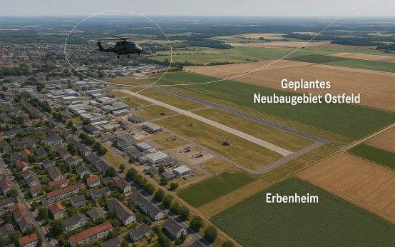 Hubschrauber starten und landen am Militärflugplatz Erbenheim – direkt neben dem geplanten Neubaugebiet Ostfeld in Wiesbaden. Fluglärm und Wohnungsbau geraten hier in Konflikt.