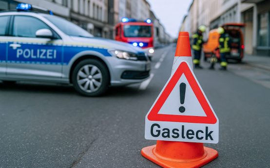 Ein großes Baustellen-Hütchen im Vordergrund, scharf im Fokus. Direkt dahinter ein Streifenwagen der Polizei Westhessen.