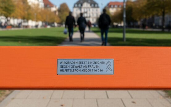 Gegen Gewalt an Frauen in Wiesbaden, orangene Bänke.
