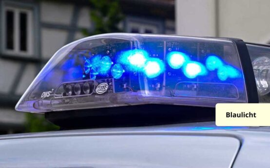 Blaulicht eines Polizeiautos am helligtem Tag, im Hintergrund Fachwerk.