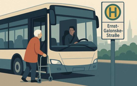 Eine ältere Person mit Gehhilfe steigt in einen Bus ein.